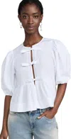 Ganni Poplin Front-tie Peplum Blouse With Puffed-sleeves In Bright White