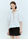 Ganni Poplin Front-tie Peplum Blouse With Puffed-sleeves In White