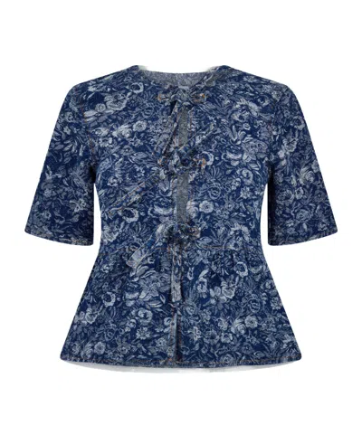 Ganni Cotton Poplin Peplum Tie Blouse In Blue