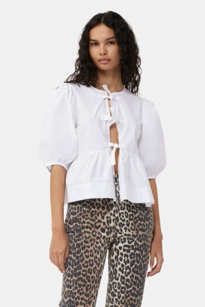 Ganni Crewneck Cotton Peplum Top Flounces In White