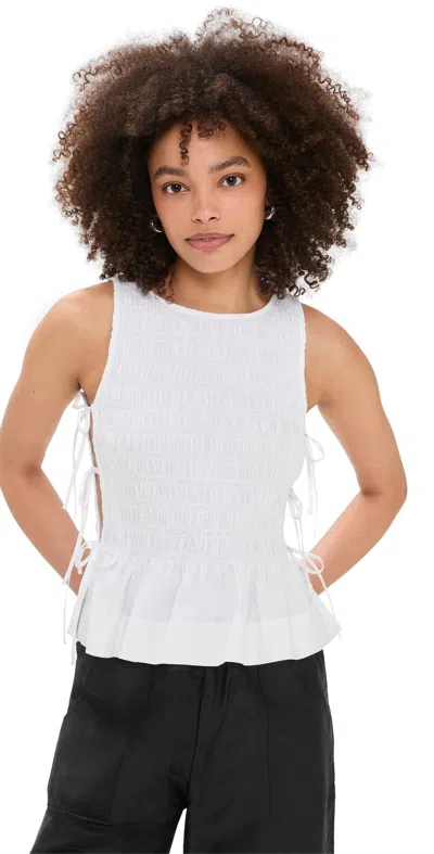 Ganni Tie-detailed Ruffled Shirred Organic Cotton-poplin Tank In White