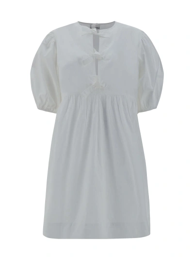 Ganni Cotton Poplin Tie String Mini Dress In Bright White