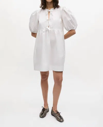 Ganni White Cotton Poplin Mini Dress With Bows In Neutral