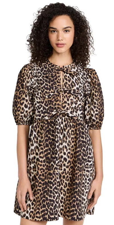 Ganni Cotton Poplin Tie String Mini Dress Leopard In Animalier