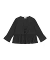 Ganni Long Sleeve Cotton Poplin Tie String Peplum Blouse In Black