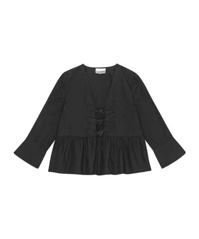 GANNI BLACK COTTON POPLIN TIE STRING PEPLUM BLOUSE