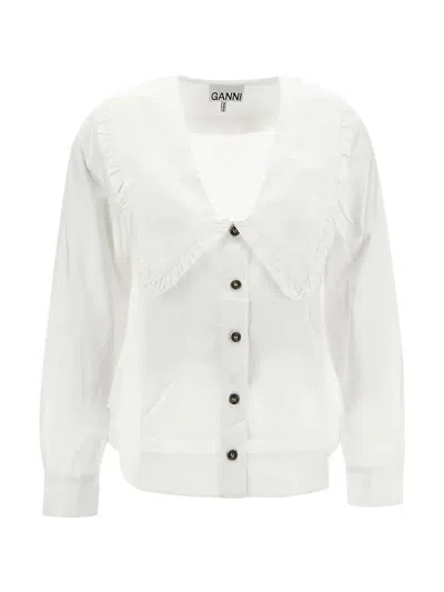 Ganni Cotton Popline V-neck Shirt In White