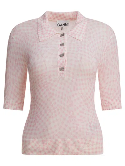 Ganni Cotton Printed Polo Shirt In Pink