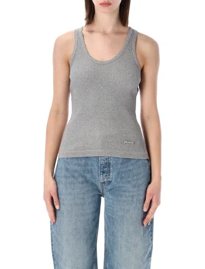Ganni Ribbed-knit Logo-embellished Tank Top In Gray