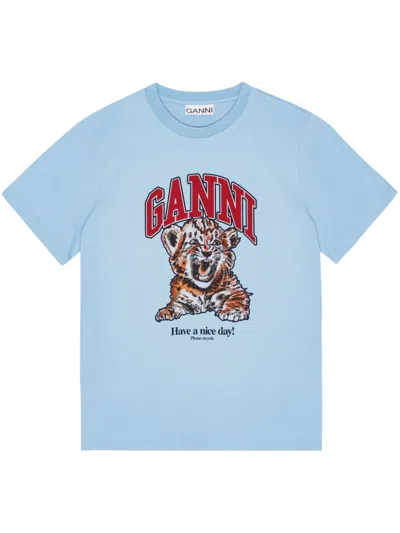 Ganni Basic Jersey Tiger Relaxed T-shirt In Blue