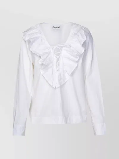 Ganni Cotton Shirt With Gathered Back Yoke In White