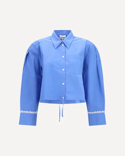 Ganni Cotton Shirt With Lace Details In Blue