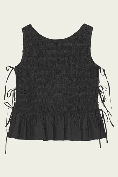 Ganni Cotton Smock Tie Top In Black In Gray