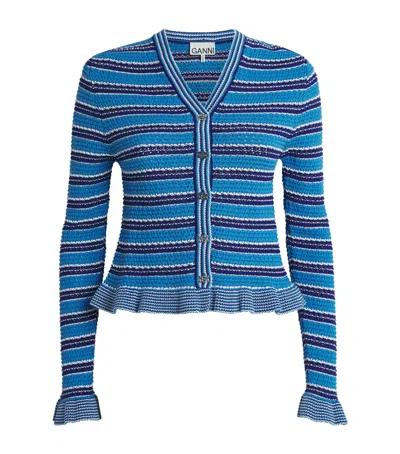 Ganni Cotton Stripe Cropped Cardigan In Blue