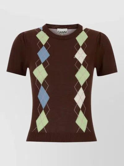 Ganni Cotton Sweater Argyle Pattern Crew Neck In Burgundy