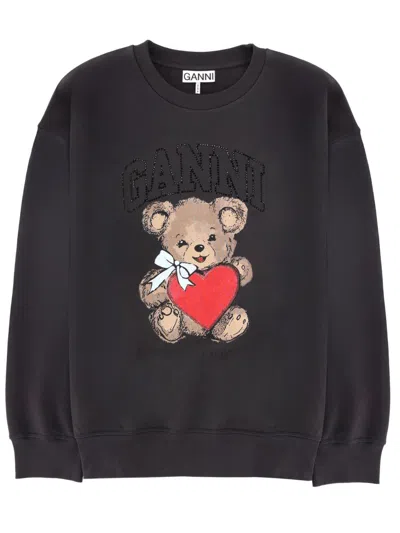Ganni Cotton Sweatshirt With Print In Gray