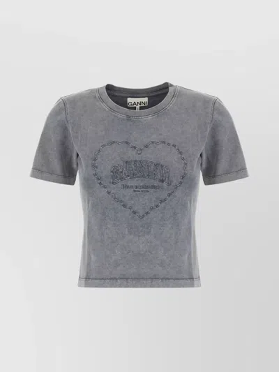 GANNI COTTON T-SHIRT FEATURING HEART EMBROIDERY
