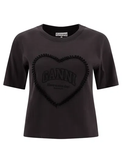 Ganni Crewneck Embroidered Phantom T-shirt In Black