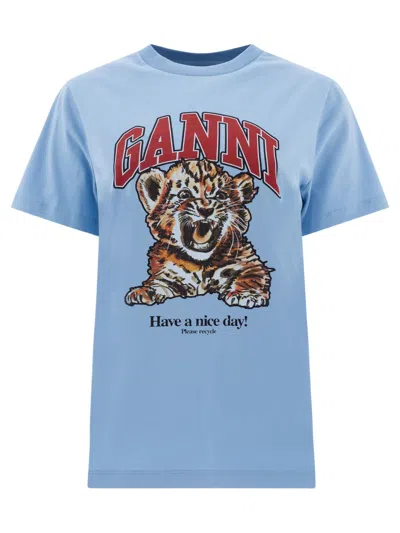 Ganni Cotton T-shirt With Print T-shirts Light Blue