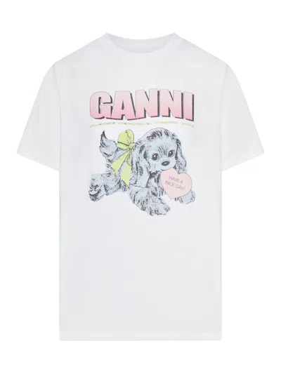 Ganni Cotton T-shirt With Print In Gray