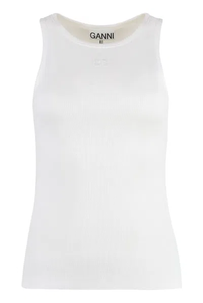 Ganni Ribbed Cotton Tank Top In White