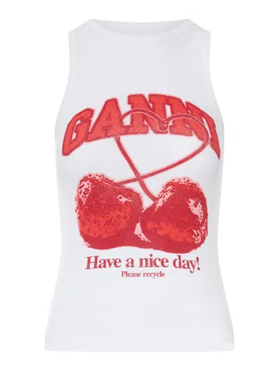 Ganni Womens Bright White Cherry Logo-print Cotton-jersey Top Xs In Multi