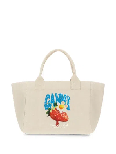 Ganni Cotton Tote Bag In Neutral
