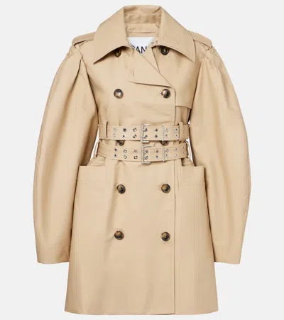 Ganni Cotton Trench Coat In Brown