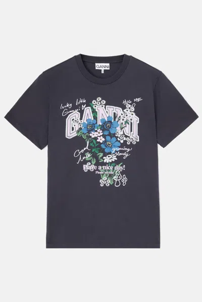 Ganni Cotton T-shirt With Graphic Floral Print In Blue