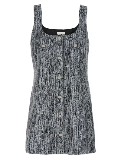 Ganni Cotton Tweed Mini Dress In Gray