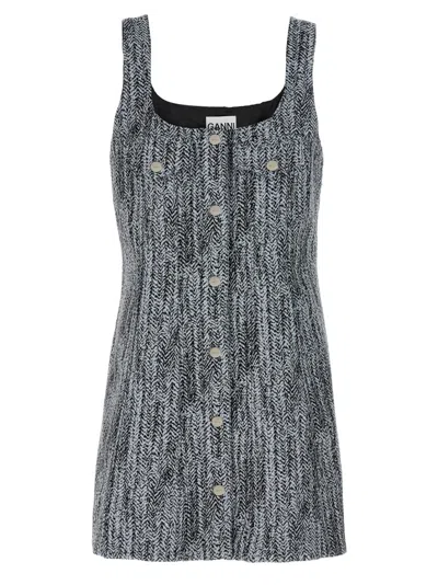Ganni Cotton Tweed Mini Dress With Square Neckline In Gray
