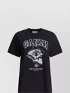 Ganni Black Crewneck T-shirt With Maxi Logo Lettering On The Front And Maxi Print On Front And Rear