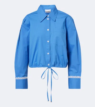 Ganni Organic Cotton Cropped Shirt In Blue