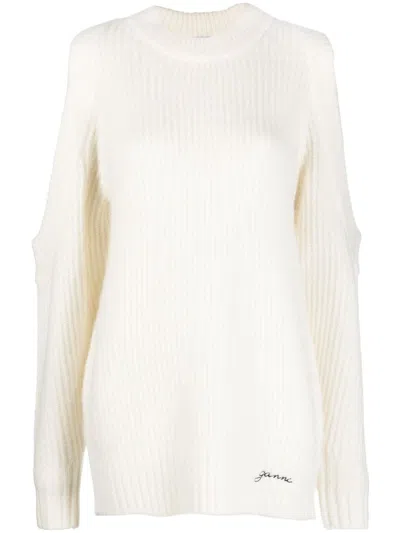 Ganni Chunky Soft Wool Open Shoulder Pullover In White