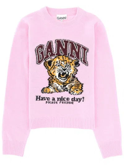 Ganni Graphic Print Long Sleeve Crew Neck Sweater In Pink