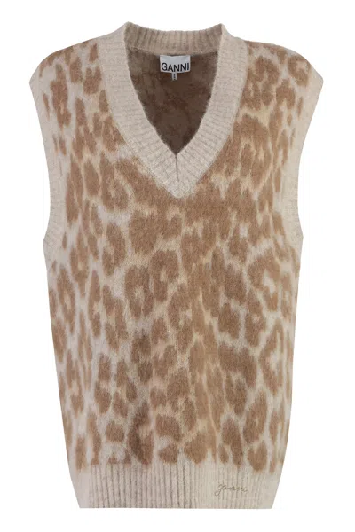 Ganni Cozy Wool Vest For Women With Contrasting Edges And Ribbed Detailing In Animalier
