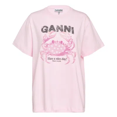 Ganni Crab Graphic Cotton Jersey Tee In Pink