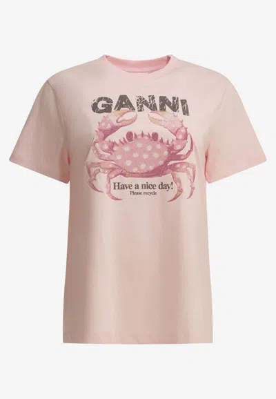 Ganni Crab Print T-shirt In Pink