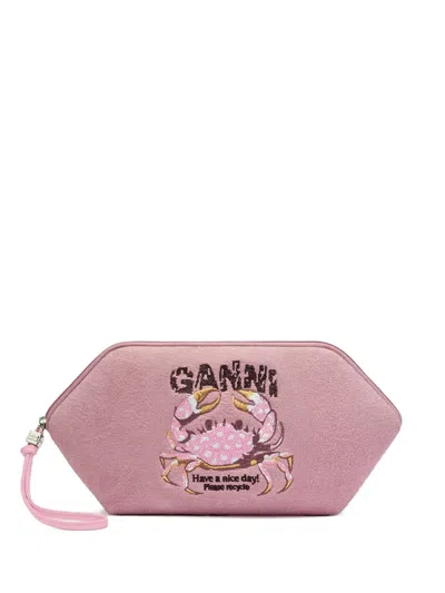 Ganni Crab-embroidered Bikini Pouch In Pink