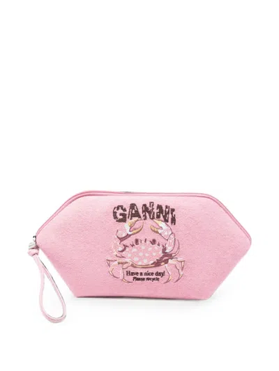 Ganni Crab-embroidered Bikini Pouch In Pink
