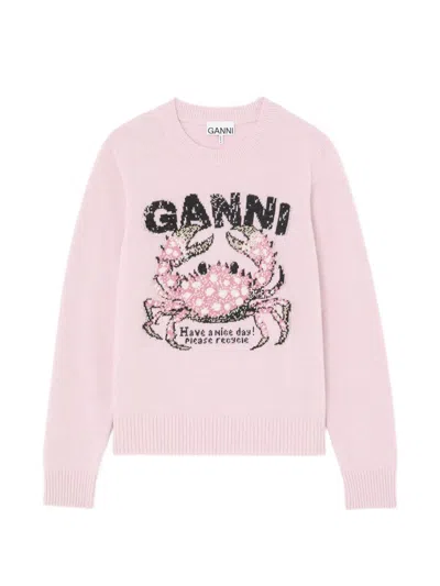 Ganni Crab-intarsia Sweater In Pink