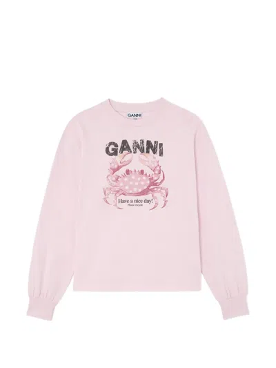 Ganni Crab-print Long-sleeve T-shirt In Pink
