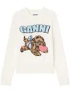 Ganni Crafted Wool Blend Puppy Love Crewneck Sweater In White
