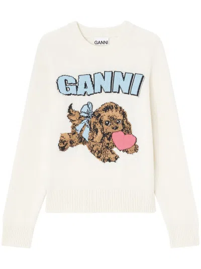 Ganni Crafted Wool Blend Puppy Love Crewneck Sweater In White
