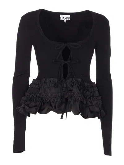 GANNI BLACK MELANGE RIB KNIT CARDIGAN