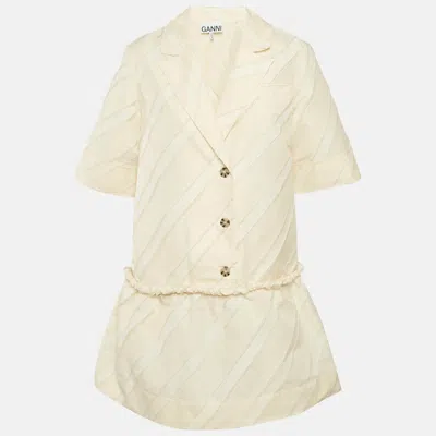 Pre-owned Ganni Cream Diagonal Stripe Crepe Frayed Mini Dress S In Sand