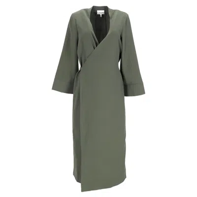 Ganni Crepe Midi Wrap Dress In Army Green Polyester