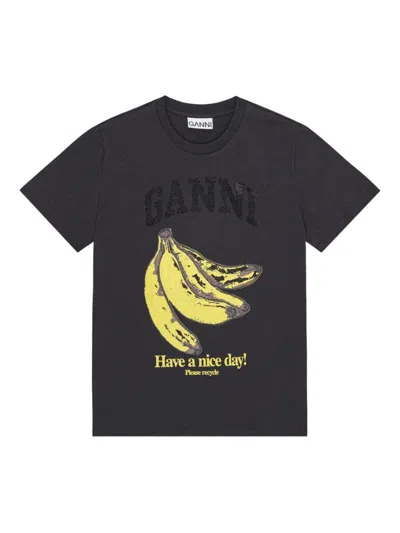 GANNI CREW NECK COTTON T-SHIRT WITH BANANA PRINT GANNI