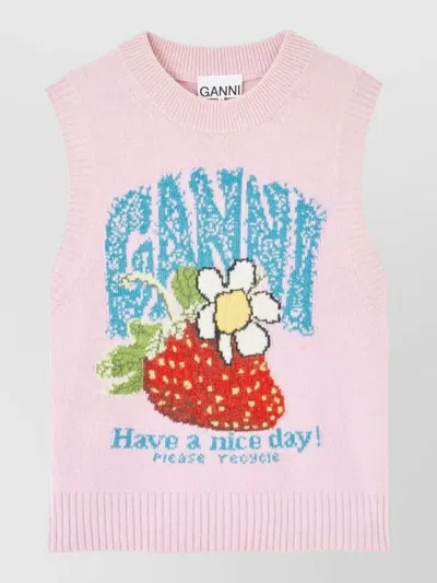 Ganni Crew Neck Graphic Knit Sleeveless Top In Pink