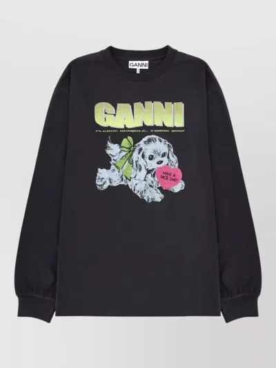 Ganni Crew Neck Graphic Knit Top Long Sleeves In Black